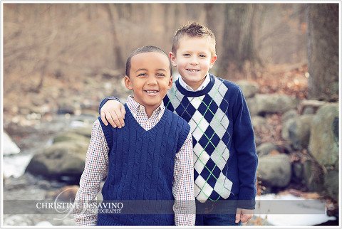 Handsome cousins by a stream - NJ Child Photographer