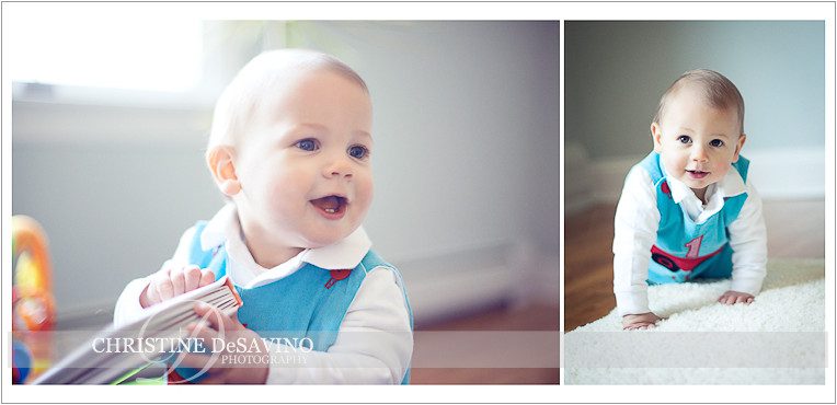 Happy one year old in blue bedroom - NJ Child Photographer