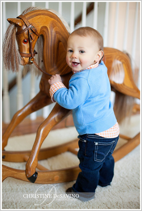 Boy with antique wooden rocking horse - NJ Child Photographer