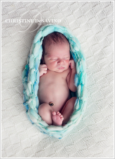 Baby boy in aqua cocoon - NJ Newborn Photographer