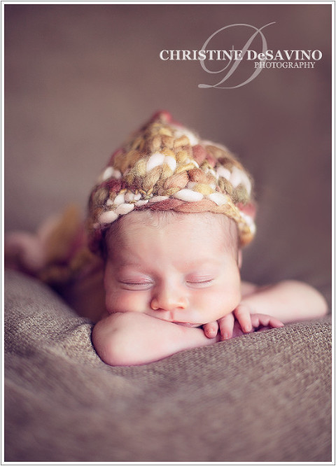 Newborn girl sleeping in beautiful knit hat - NJ Newborn Photographer