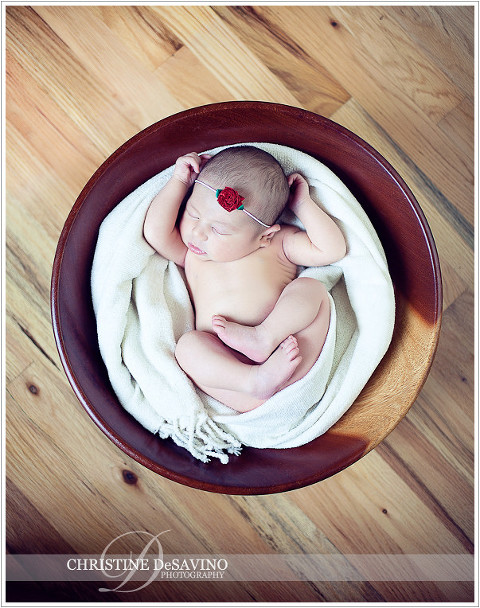 Newborn girl in wooden bowl - NJ Newborn Photographer