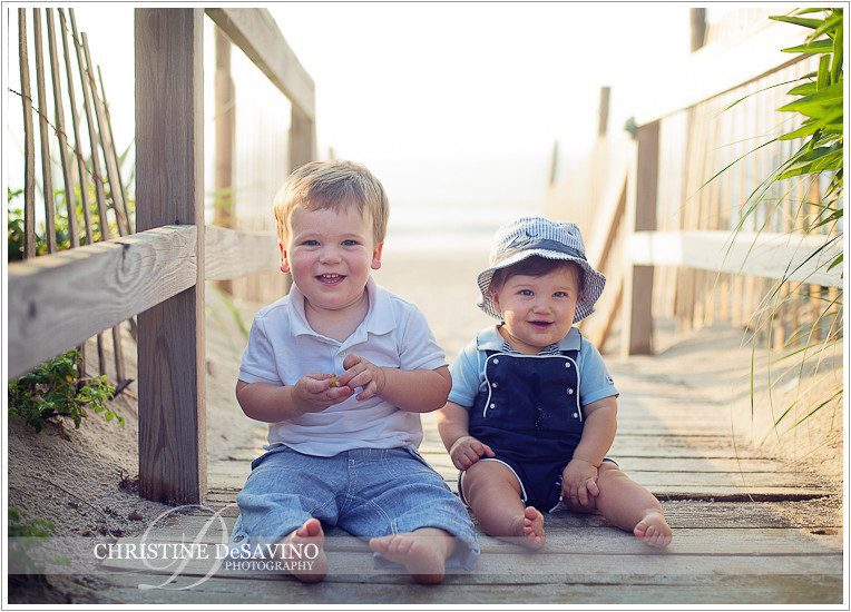 Brothers sit on boardwalk - NJ Beach Photographer