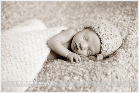 Sepia toned image of newborn with knit hat - NJ Newborn Photographer