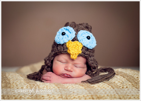 Newborn boy in owl hat - NJ Newborn Photographer