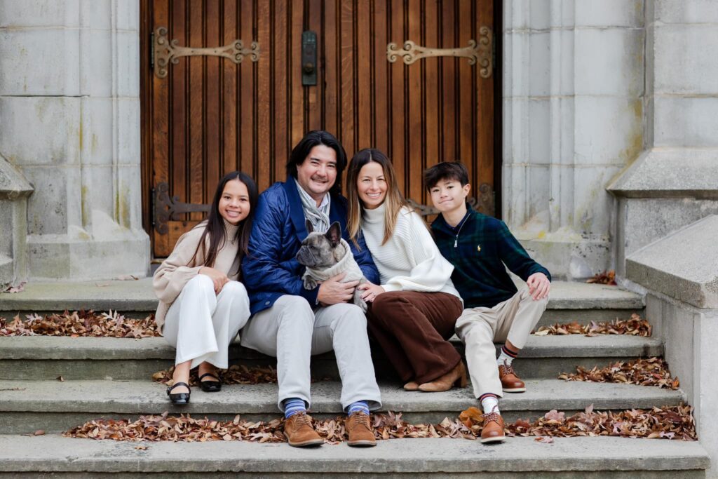 Family portrait at college campus in Bergen County, NJ, during fall